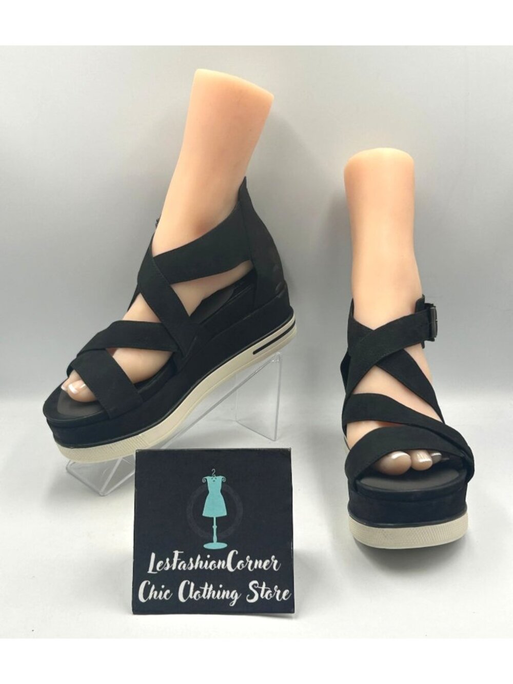 Eileen Fisher Women's Black Suede Strappy Boost Wedge Sandal Size 9 3760